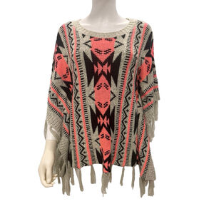 Soho Apparel Poncho Women's M Gray Coral Aztec Fringe